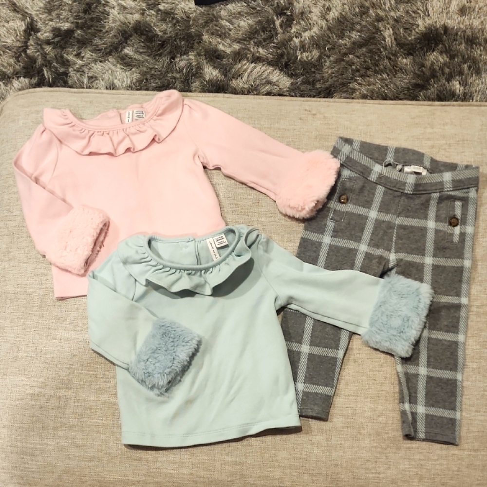Pink and Mint Green Ruffle Tops, Faux Fur Trim Cuffs w/ Gray Plaid Fanfare Pants